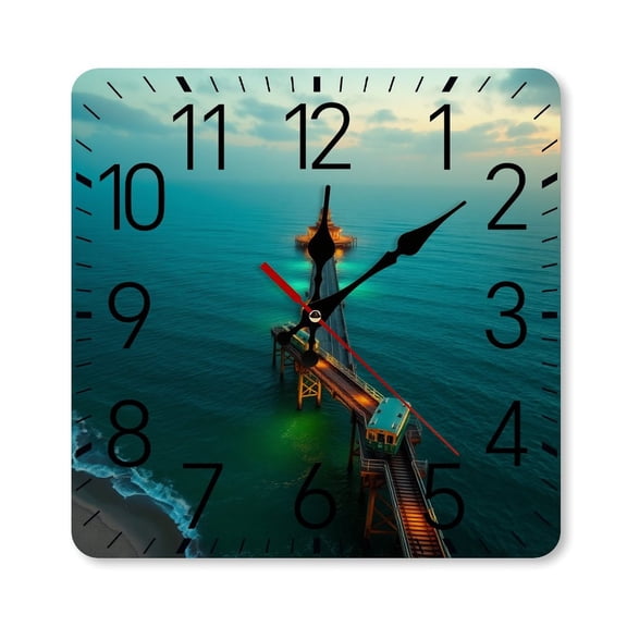 RKSupls 10×10inch Square Silent Wall Clock Wooden Frame, Lighthouse Ocean Pier Scale Decorative Clock for Home Bedroom Living Room Office