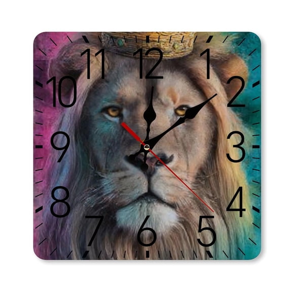 RKSupls 1010inch Square Silent Wall Clock Wooden Frame, Lion Crown King Colorful Scale Decorative Clock for Home Bedroom Living Room Office