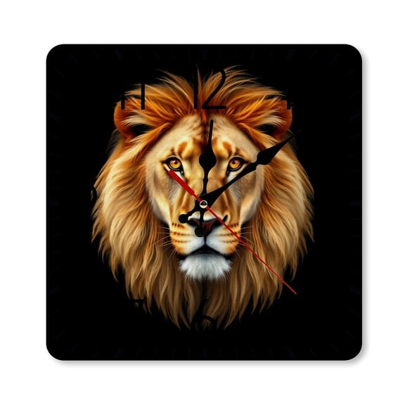 RKSupls 10×10inch Square Silent Wall Clock Wooden Frame, Lion Portrait Artistic Scale Decorative Clock for Home Bedroom Living Room Office