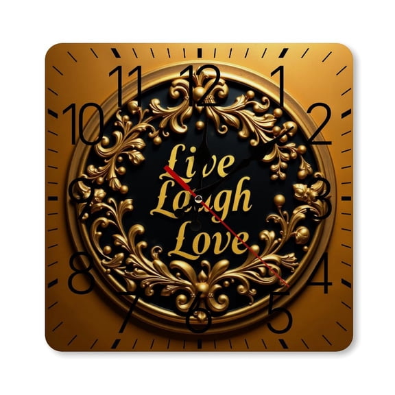 RKSupls 1010inch Square Silent Wall Clock Wooden Frame, Live Laugh Love Gold Scale Decorative Clock for Home Bedroom Living Room Office