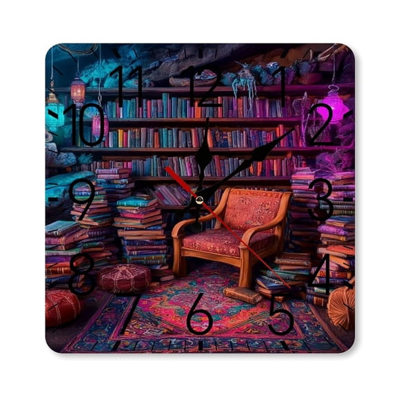 RKSupls 10×10inch Square Silent Wall Clock Wooden Frame, Magic Library Cave Interior Scale Decorative Clock for Home Bedroom Living Room Office