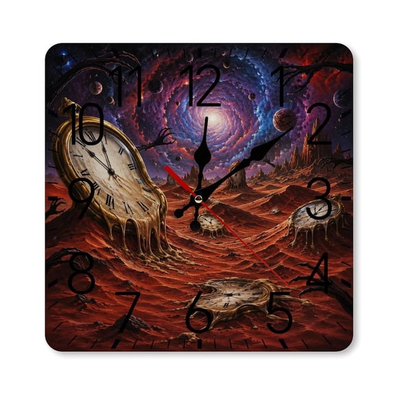 RKSupls 1010inch Square Silent Wall Clock Wooden Frame, Melting Clocks Red Desert Scale Decorative Clock for Home Bedroom Living Room Office