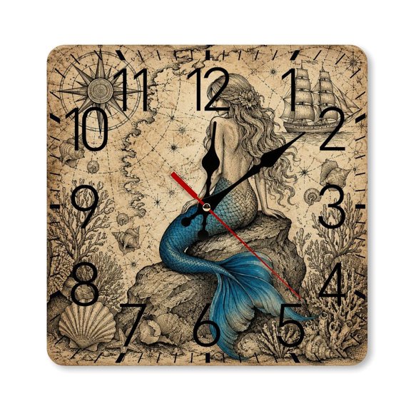 RKSupls 1010inch Square Silent Wall Clock Wooden Frame, Mermaid Nautical Map Sketch Scale Decorative Clock for Home Bedroom Living Room Office