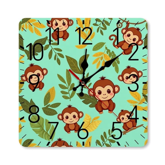 RKSupls 10×10inch Square Silent Wall Clock Wooden Frame, Monkey Leaf Pattern Scale Decorative Clock for Home Bedroom Living Room Office