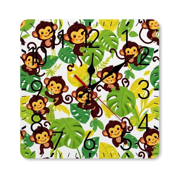 RKSupls 10×10inch Square Silent Wall Clock Wooden Frame, Monkey Pattern Jungle Scale Decorative Clock for Home Bedroom Living Room Office