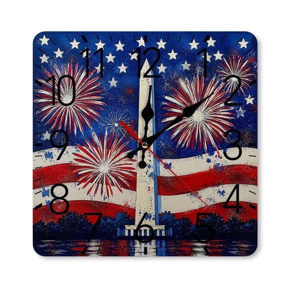 RKSupls 10×10inch Square Silent Wall Clock Wooden Frame, Monument Fireworks Night Canvas Scale Decorative Clock for Home Bedroom Living Room Office