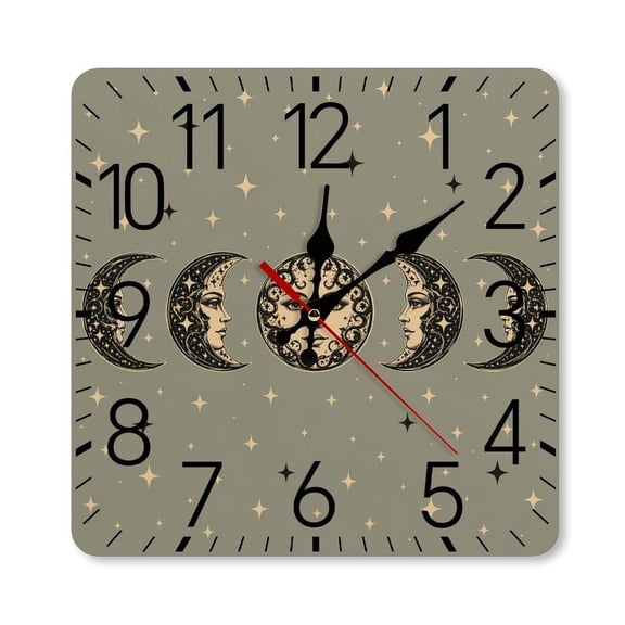 RKSupls 1010inch Square Silent Wall Clock Wooden Frame, Moon Phases With Celestial Faces Scale Decorative Clock for Home Bedroom Living Room Office