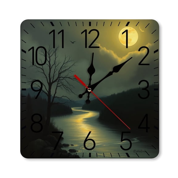 RKSupls 10×10inch Square Silent Wall Clock Wooden Frame, Moonlit Tree River Scale Decorative Clock for Home Bedroom Living Room Office