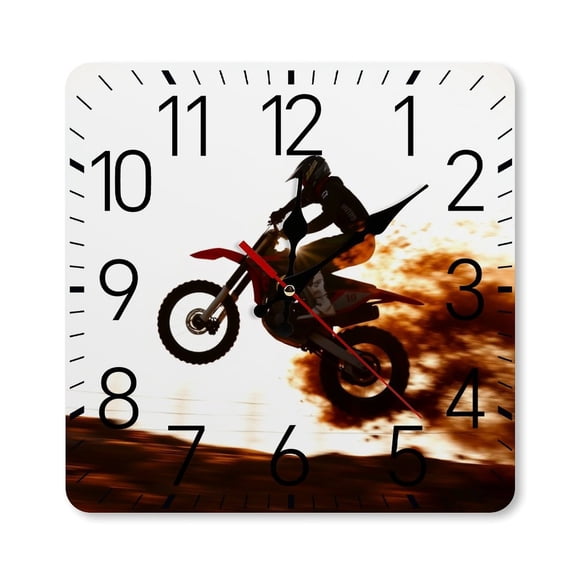 RKSupls 1010inch Square Silent Wall Clock Wooden Frame, Motocross Dirt Bike Sunset Scale Decorative Clock for Home Bedroom Living Room Office