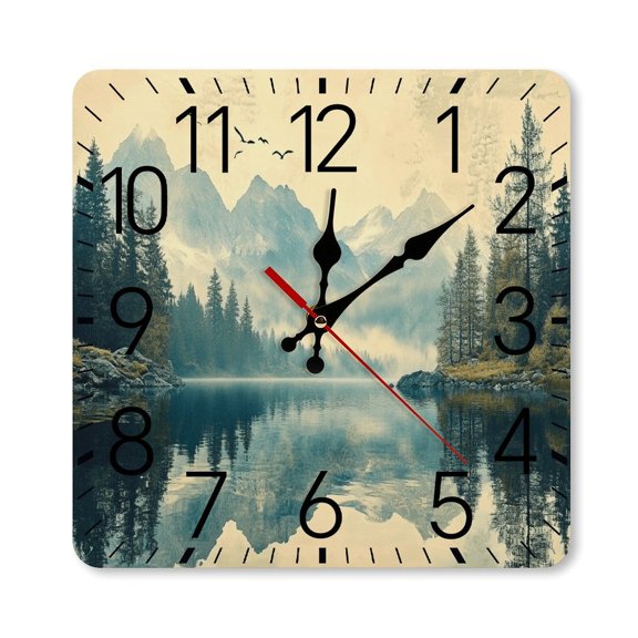 RKSupls 10×10inch Square Silent Wall Clock Wooden Frame, Mountain Lake Reflection Scale Decorative Clock for Home Bedroom Living Room Office