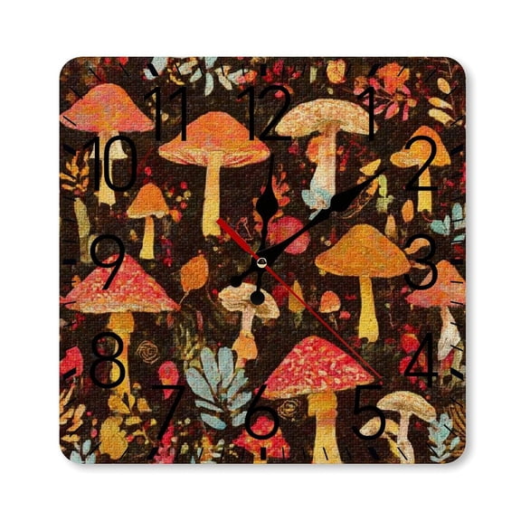 RKSupls 10×10inch Square Silent Wall Clock Wooden Frame, Mushrooms Forest Dark Scale Decorative Clock for Home Bedroom Living Room Office