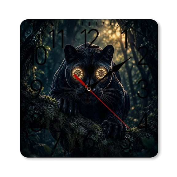 RKSupls 1010inch Square Silent Wall Clock Wooden Frame, Mystic Panther Clock Eyes Jungle Scale Decorative Clock for Home Bedroom Living Room Office