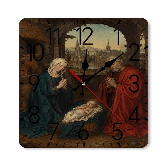 RKSupls 10×10inch Square Silent Wall Clock Wooden Frame, Nativity Scene Classic.png Scale Decorative Clock for Home Bedroom Living Room Office