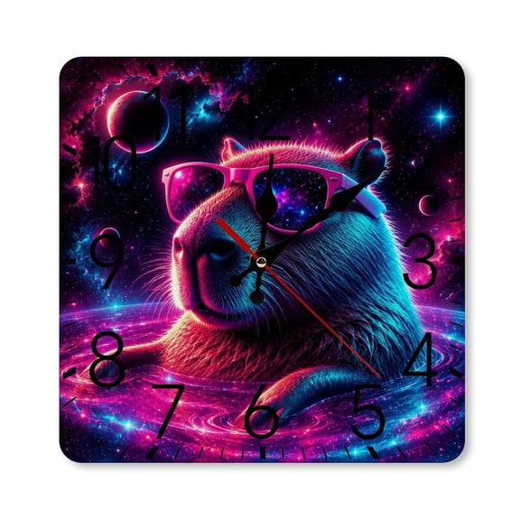 RKSupls 10×10inch Square Silent Wall Clock Wooden Frame, Neon Capybara Cosmic Pool Scale Decorative Clock for Home Bedroom Living Room Office