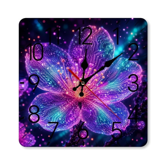 RKSupls 10×10inch Square Silent Wall Clock Wooden Frame, Neon Cyber Flower Scale Decorative Clock for Home Bedroom Living Room Office