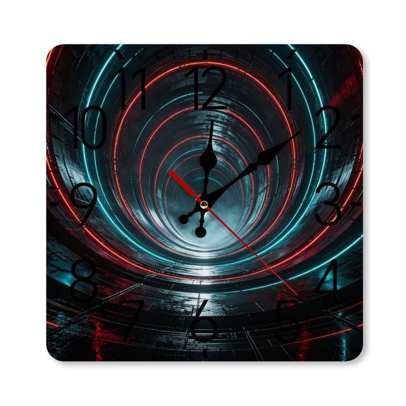 RKSupls 1010inch Square Silent Wall Clock Wooden Frame, Neon Grunge Light Tunnel Scale Decorative Clock for Home Bedroom Living Room Office