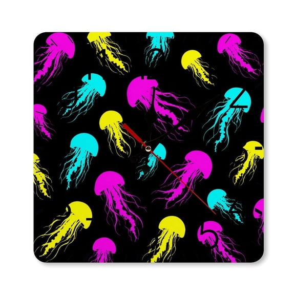 RKSupls 10×10inch Square Silent Wall Clock Wooden Frame, Neon Jellyfish Pattern Scale Decorative Clock for Home Bedroom Living Room Office