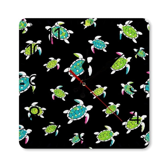 RKSupls 10×10inch Square Silent Wall Clock Wooden Frame, Neon Sea Turtle Pattern Scale Decorative Clock for Home Bedroom Living Room Office