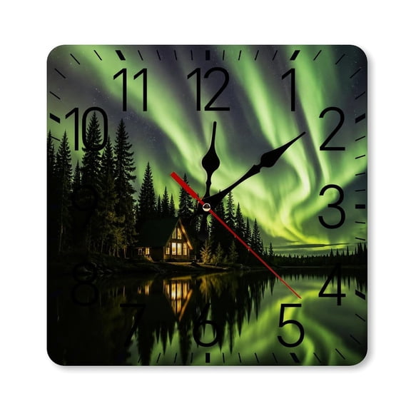 RKSupls 10×10inch Square Silent Wall Clock Wooden Frame, Northern Lights Cabin Scene Scale Decorative Clock for Home Bedroom Living Room Office