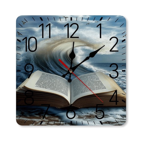RKSupls 10×10inch Square Silent Wall Clock Wooden Frame, Open Book Ocean Wave Scale Decorative Clock for Home Bedroom Living Room Office