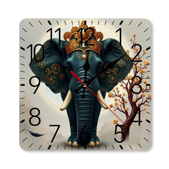 RKSupls 10×10inch Square Silent Wall Clock Wooden Frame, Ornate Elephant Art Scale Decorative Clock for Home Bedroom Living Room Office