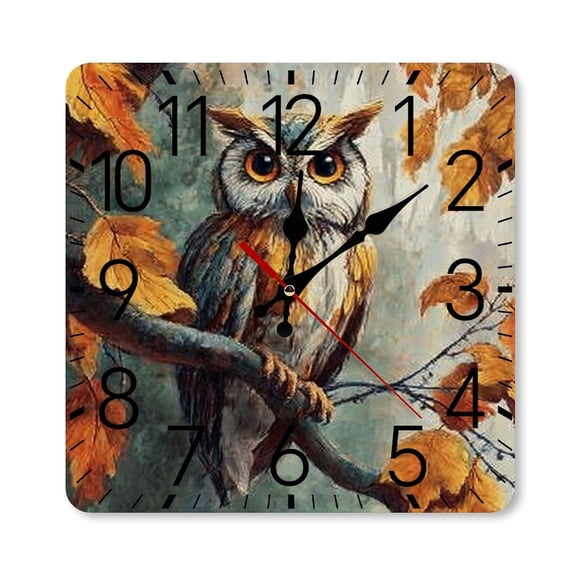 RKSupls 10×10inch Square Silent Wall Clock Wooden Frame, Owl Autumn Leaves Scale Decorative Clock for Home Bedroom Living Room Office