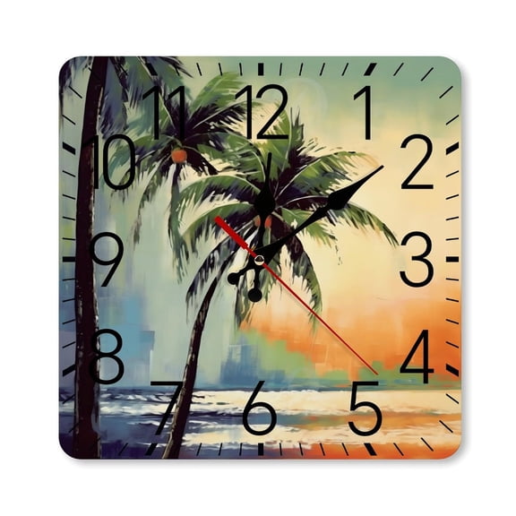 RKSupls 1010inch Square Silent Wall Clock Wooden Frame, Palm Tree Beach Sunset Tropical Glow Scale Decorative Clock for Home Bedroom Living Room Office