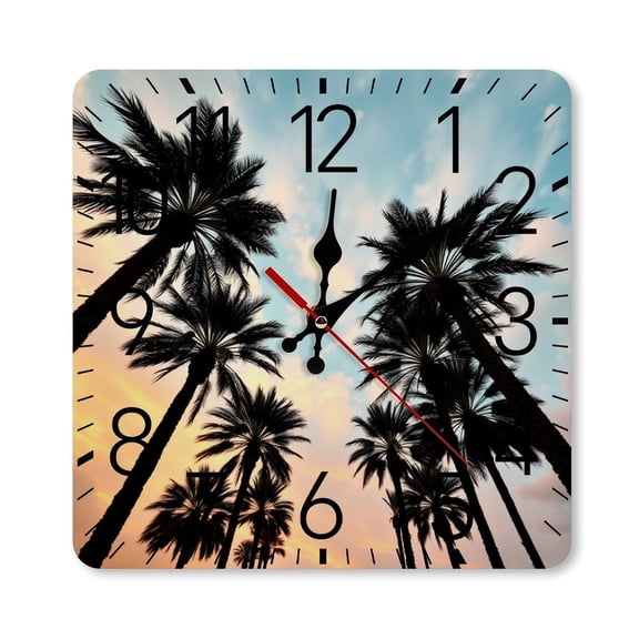 RKSupls 10×10inch Square Silent Wall Clock Wooden Frame, Palm Tree Silhouette Scale Decorative Clock for Home Bedroom Living Room Office