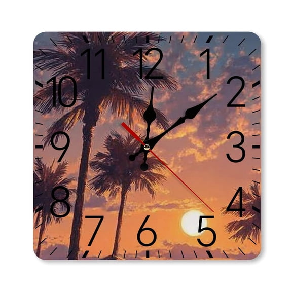 RKSupls 10×10inch Square Silent Wall Clock Wooden Frame, Palm Trees Sunset Beach Scale Decorative Clock for Home Bedroom Living Room Office