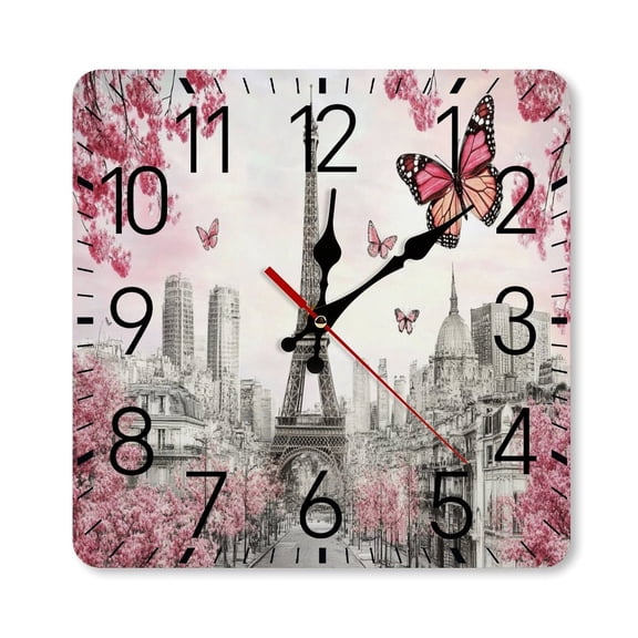 RKSupls 10×10inch Square Silent Wall Clock Wooden Frame, Paris Tower Cherry Butterfly Scale Decorative Clock for Home Bedroom Living Room Office
