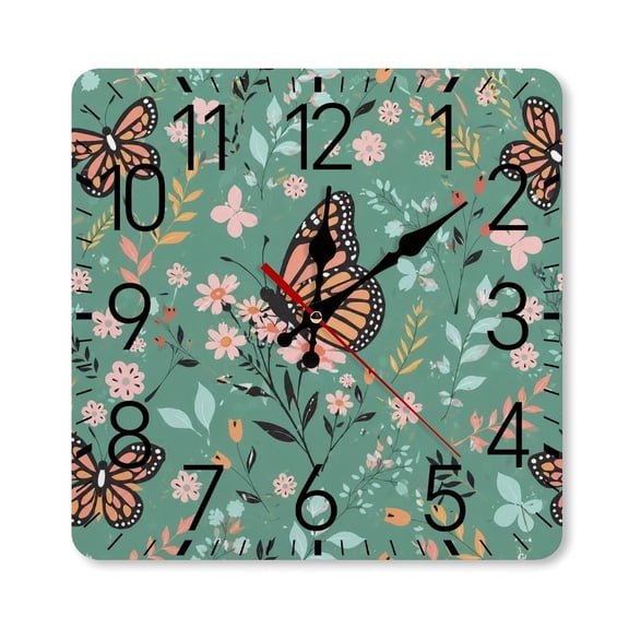 RKSupls 10×10inch Square Silent Wall Clock Wooden Frame, Pastel Butterfly Floral Pattern Scale Decorative Clock for Home Bedroom Living Room Office