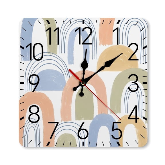 RKSupls 10×10inch Square Silent Wall Clock Wooden Frame, Pastel Rainbow Arch Pattern Scale Decorative Clock for Home Bedroom Living Room Office