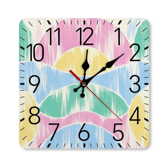 RKSupls 10×10inch Square Silent Wall Clock Wooden Frame, Pastel Rainbow Arches Pattern Scale Decorative Clock for Home Bedroom Living Room Office