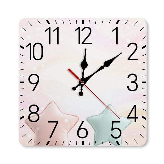 RKSupls 10×10inch Square Silent Wall Clock Wooden Frame, Pastel Star Background Scale Decorative Clock for Home Bedroom Living Room Office