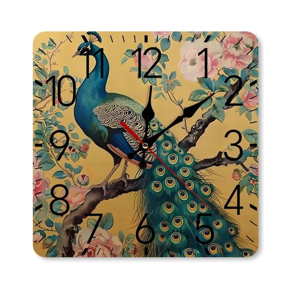 RKSupls 10×10inch Square Silent Wall Clock Wooden Frame, Peacock Flowers Golden Roses Scale Decorative Clock for Home Bedroom Living Room Office