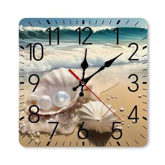 RKSupls 1010inch Square Silent Wall Clock Wooden Frame, Pearl Shell Sandy Beach Waves Scale Decorative Clock for Home Bedroom Living Room Office