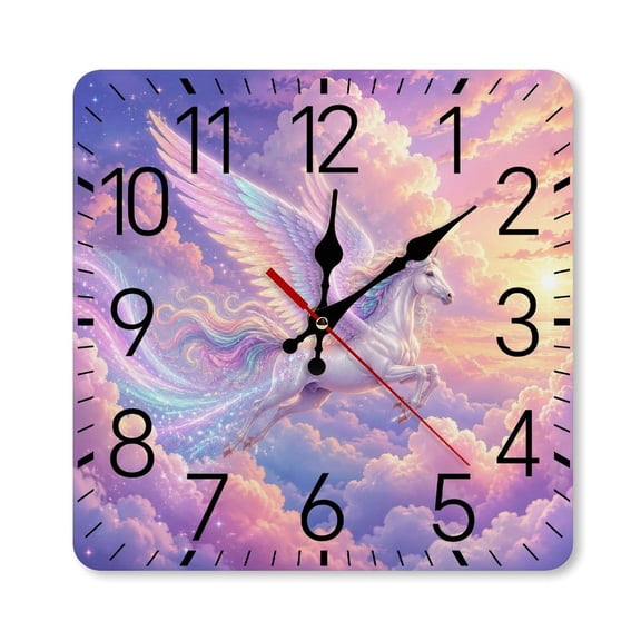 RKSupls 1010inch Square Silent Wall Clock Wooden Frame, Pegasus Flying Through Star Clouds Scale Decorative Clock for Home Bedroom Living Room Office