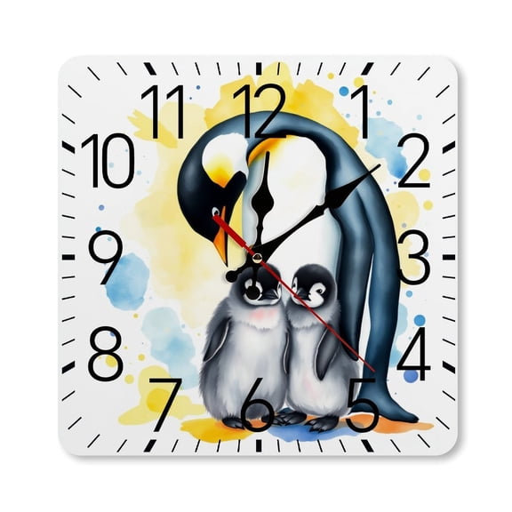 RKSupls 10×10inch Square Silent Wall Clock Wooden Frame, Penguin Mom Babies Scale Decorative Clock for Home Bedroom Living Room Office