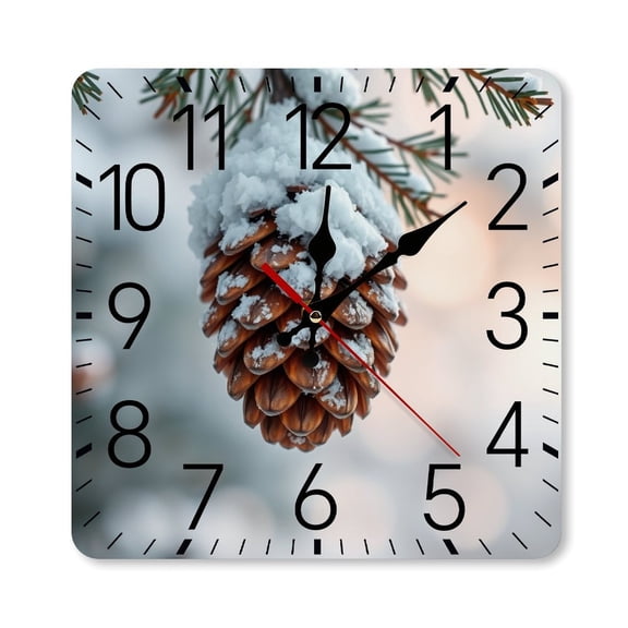 RKSupls 10×10inch Square Silent Wall Clock Wooden Frame, Pine Cone Snow Scale Decorative Clock for Home Bedroom Living Room Office
