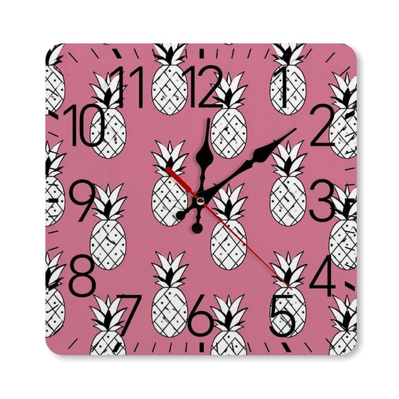 RKSupls 10×10inch Square Silent Wall Clock Wooden Frame, Pineapple Repeat Pattern Scale Decorative Clock for Home Bedroom Living Room Office