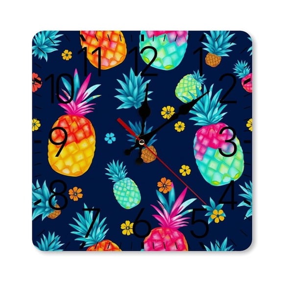 RKSupls 10×10inch Square Silent Wall Clock Wooden Frame, Pineapple Tropical Pattern Scale Decorative Clock for Home Bedroom Living Room Office