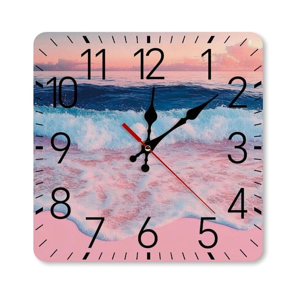 RKSupls 1010inch Square Silent Wall Clock Wooden Frame, Pink Beach Wave Sunset Scale Decorative Clock for Home Bedroom Living Room Office