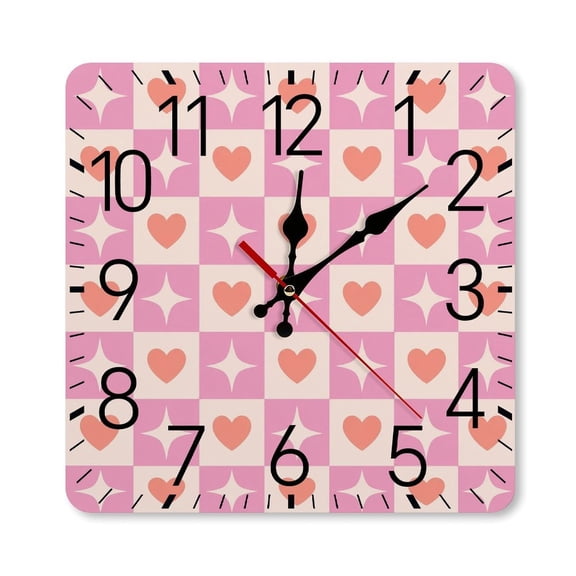 RKSupls 10×10inch Square Silent Wall Clock Wooden Frame, Pink Heart Star Checkered Scale Decorative Clock for Home Bedroom Living Room Office
