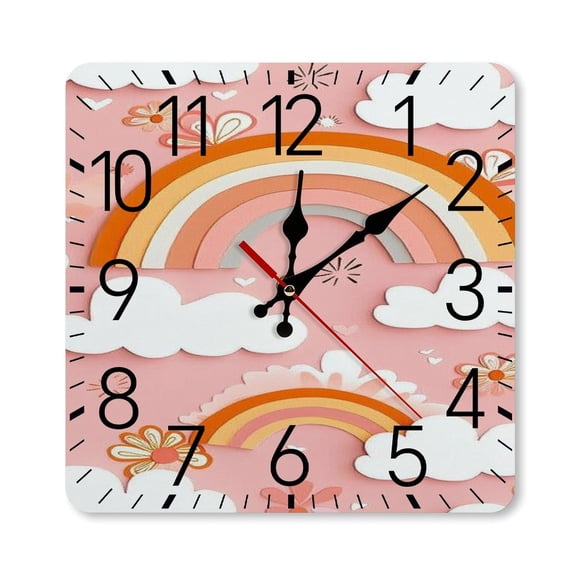 RKSupls 10×10inch Square Silent Wall Clock Wooden Frame, Pink Rainbow Cloud Paper Scale Decorative Clock for Home Bedroom Living Room Office