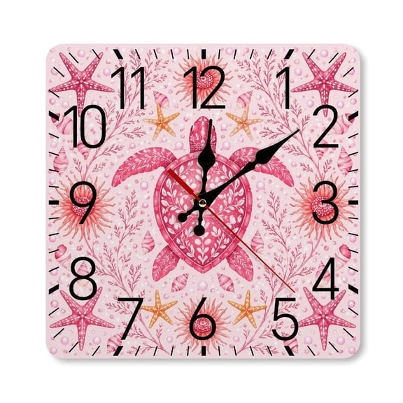 RKSupls 10×10inch Square Silent Wall Clock Wooden Frame, Pink Sea Turtle Floral Pattern Design Scale Decorative Clock for Home Bedroom Living Room Office