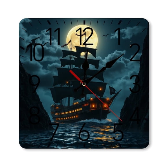 RKSupls 10×10inch Square Silent Wall Clock Wooden Frame, Pirate Ship Moon Ocean Scale Decorative Clock for Home Bedroom Living Room Office
