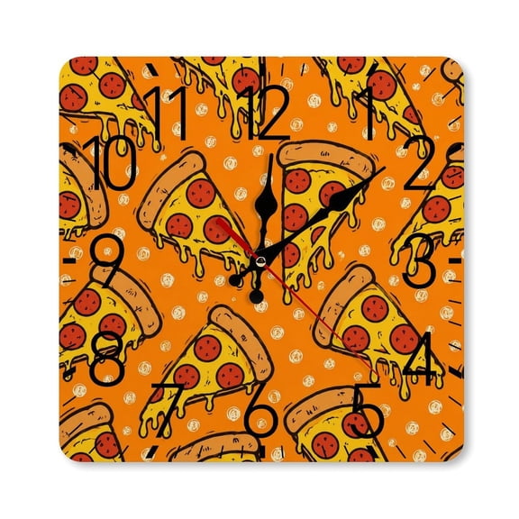 RKSupls 10×10inch Square Silent Wall Clock Wooden Frame, Pizza Slice Pattern Orange Background Cartoon Scale Decorative Clock for Home Bedroom Living Room Office
