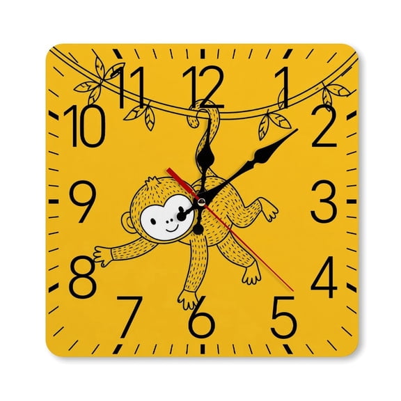 RKSupls 10×10inch Square Silent Wall Clock Wooden Frame, Playful Monkey Hanging Vine Scale Decorative Clock for Home Bedroom Living Room Office