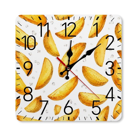 RKSupls 1010inch Square Silent Wall Clock Wooden Frame, Potato Wedges Salt Watercolor Scale Decorative Clock for Home Bedroom Living Room Office