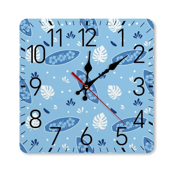 RKSupls 1010inch Square Silent Wall Clock Wooden Frame, Powder Blue Hibiscus Floral Surfboard Print Scale Decorative Clock for Home Bedroom Living Room Office